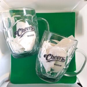 2 Clear Glass Cheers Boston Beer Mugs with Handles Approximately 16 oz
